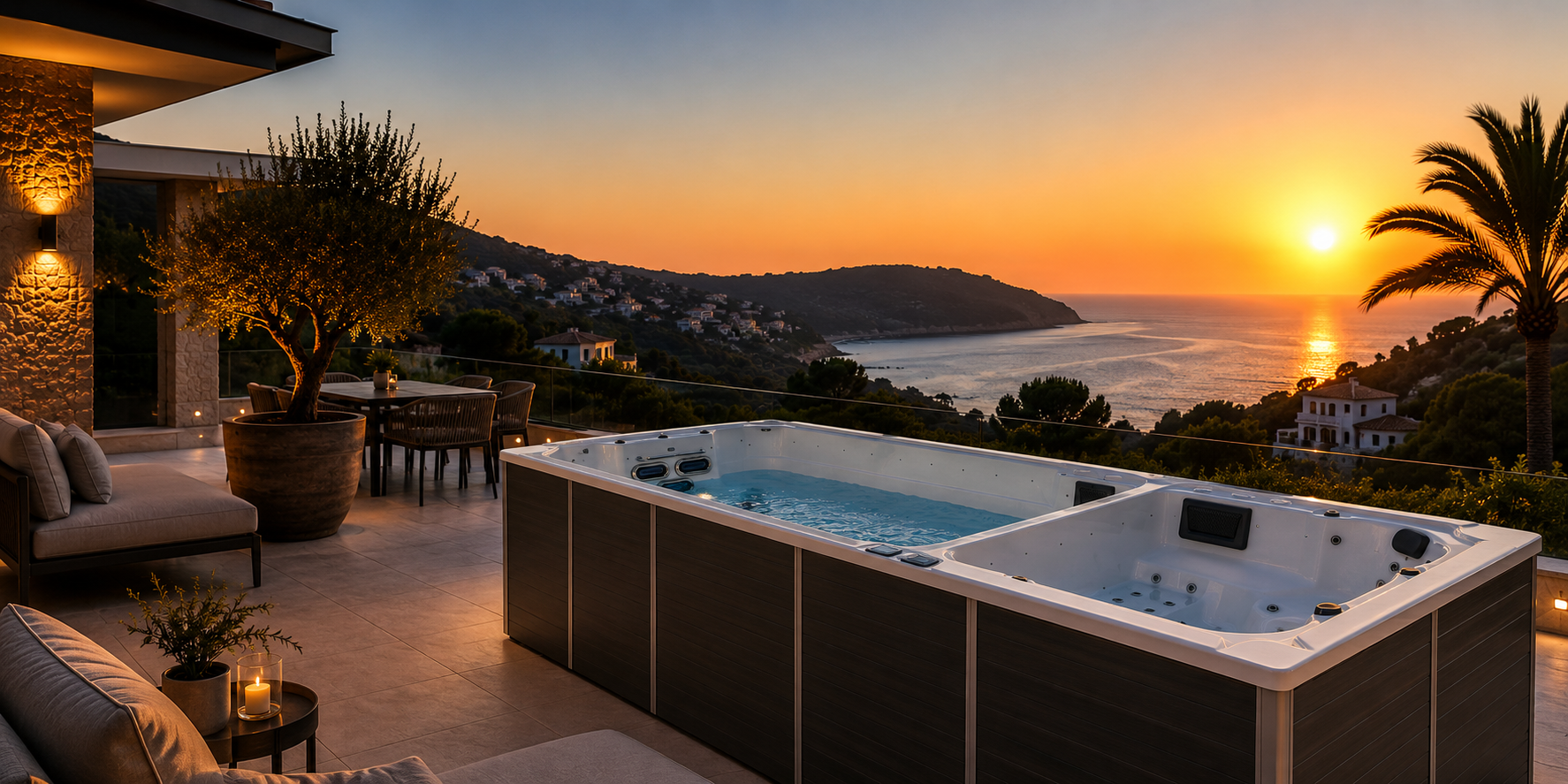 Schwimmspa auf Terrasse bei Sonnenuntergang